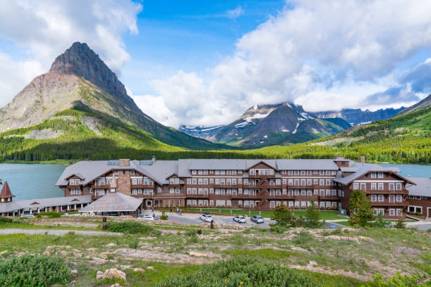 Many Glacier, MT - June 30, 2018: Many Glacier Lodge on the shores of Swift Current Lake in Glacier National Park, Montana