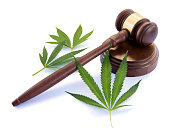 Cannabis leaf and gavel on white background