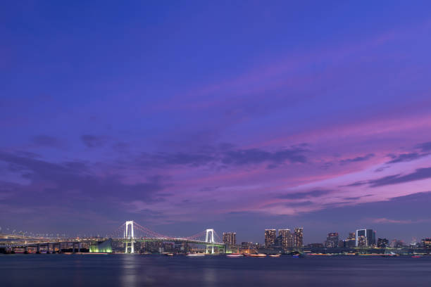 istock Rainbow bridge Tokyo, at night. Skyscrapers on the horizon, cloudy sky. 1041995910