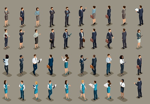 Isometric big set of business men, business women and bank managers of different races and nationalities. Development of international business, conferences.