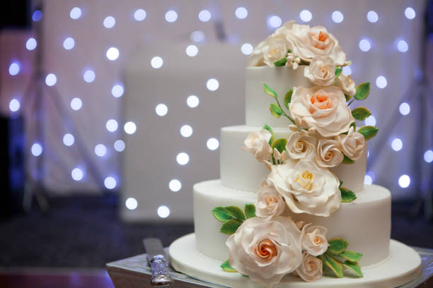 istock Wedding cake with lights in background 1042001800