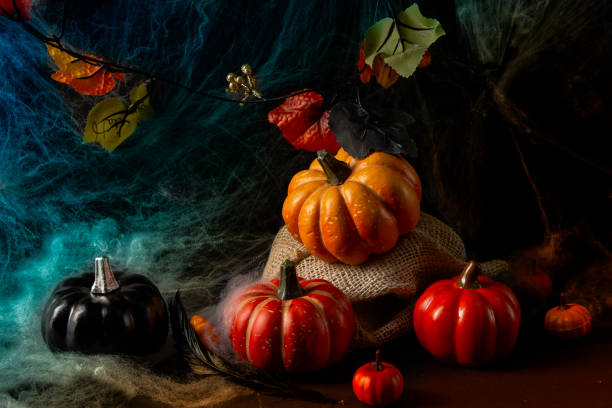 istock Spooky halloween background with cobweb ,spiders and pumpkin, dark horror background. Celebration theme, copyspace for text. 1042002594