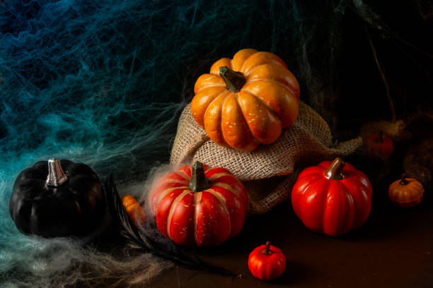 istock Spooky halloween background with cobweb ,spiders and pumpkin, dark horror background. Celebration theme, copyspace for text. 1042003680