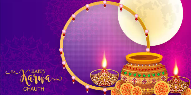 Happy Karwa Chauth Festival Card With Gold Patterned And Crystals On Paper  Color Background Stock Illustration - Download Image Now - iStock