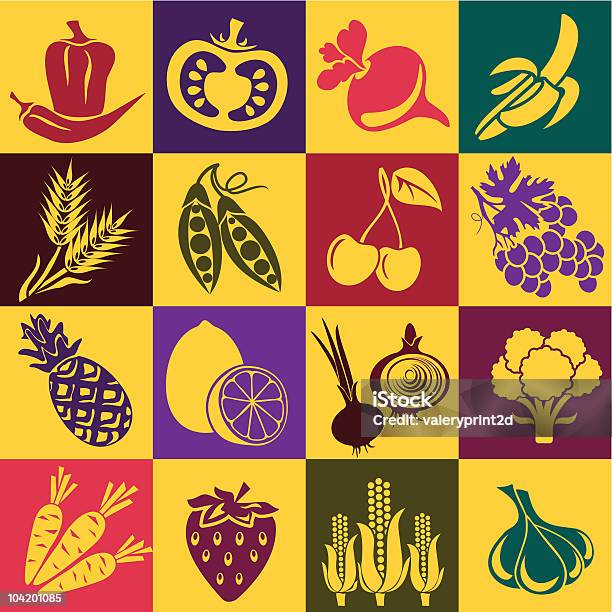 Frutta E Verdura - Immagini vettoriali stock e altre immagini di Aglio - Alliacee - Aglio - Alliacee, Ananas, Arancione