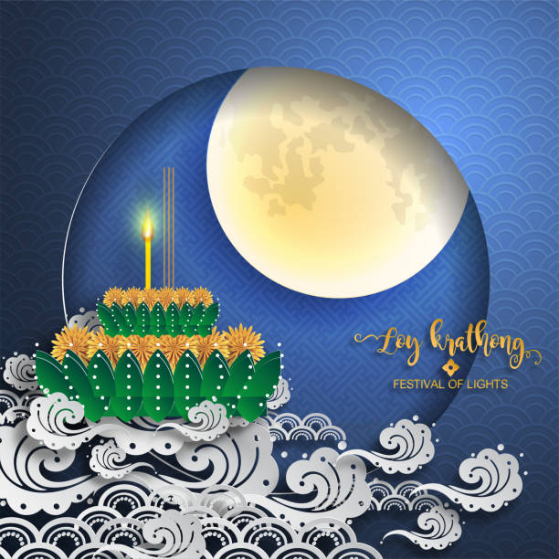 Thailand travel concept. Loy Krathong Festival in flat style. Thailand travel concept. Loy Krathong Festival in flat style. loi krathong stock illustrations