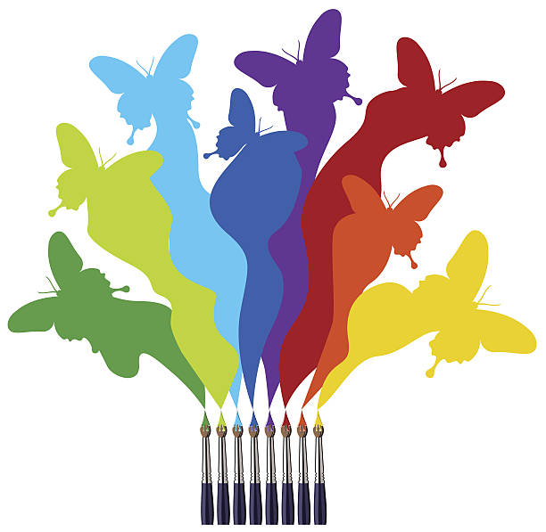Paint brushes and colored butterflies rainbow Eight paint brushes drawing a colorful rainbow of a butterfly swarm. White background. butterfly purple blue isolated stock illustrations