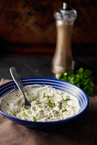 Home made freshness blue cheese mayonnaise with fine chopped parsley