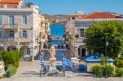 Syros, Greece/ July, 2018: Central square of Syros cycladic island in Greece