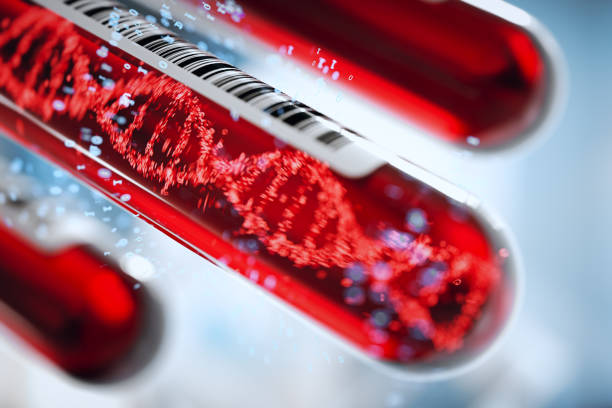 Molecule of DNA forming inside the test tube in the blood test equipment.3d rendering,conceptual image. stock photo