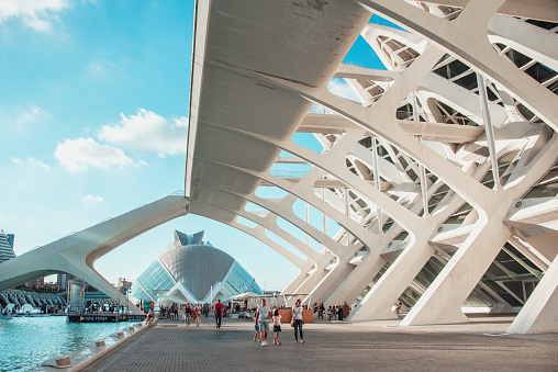 September 2018. Ciutat de les Arts i les Ciències cultural complex, one of the main tourist and cultural spots in Valencia, Spain. The buildings in this area were designed by the famous spanish architect Santiago Calatrava.