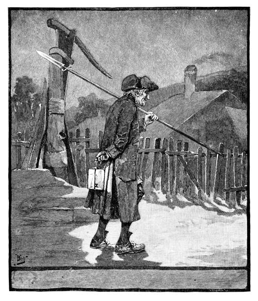 alter mann auf neighborhood watch - engraving rural scene engraved image men stock-grafiken, -clipart, -cartoons und -symbole