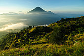 Mountain and volcano landscape in Indonesia at sunrise