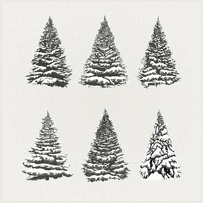 Layered illustration of christmas snowed trees (spruces, pines and firs). Global colors. Easy to use.