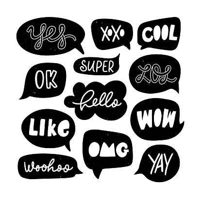 Vector set of speech bubbles in comic style with simple lettering. Dialog phrases: Yes, xoxo, cool, lol, ok, super, hello, wow, omg, yay.