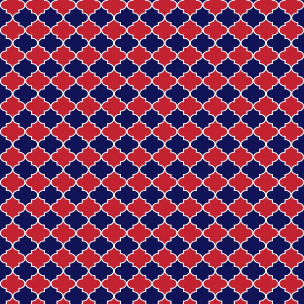 Red and Navy Quatrefoil Seamless Pattern Red, white, and navy blue quatrefoil trellis design clover celebration event sparse simplicity stock illustrations