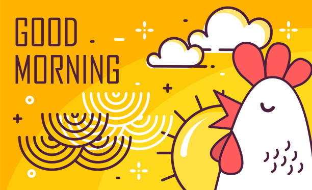 ilustrações de stock, clip art, desenhos animados e ícones de good morning poster with rooster, sun and waves on yellow background. thin line flat design. vector. - breakfast background