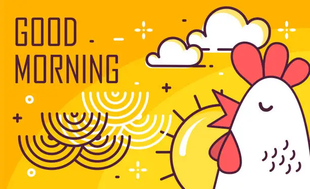 Vector illustration of Good Morning poster with rooster, sun and waves on yellow background. Thin line flat design. Vector.