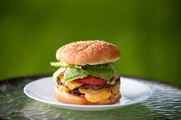 Splite hamburger with onios, bacon, lettuce and cheese plated with a green salad on a white plate