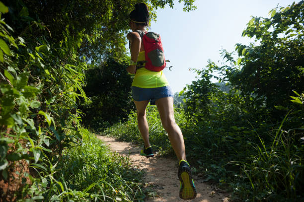 istock Young woman trail runner running on tropical forest trail 1042066556
