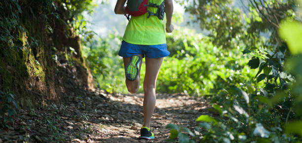 istock Young woman trail runner running on tropical forest trail 1042066852