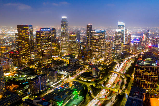 istock Aerial Downtown Los Angeles Skyline at Night 1042067612