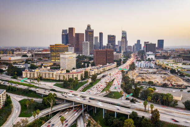 istock Aerial Downtown Los Angeles Skyline at Night 1042067614