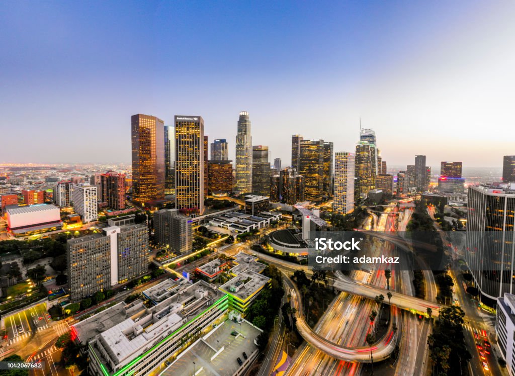 Aerial Downtown Los Angeles Skyline at Night Aerial image of downtown Los Angeles, California at night City Of Los Angeles Stock Photo