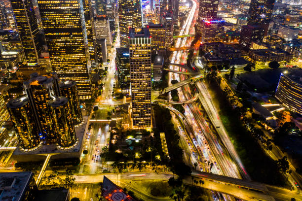 istock Aerial Downtown Los Angeles Skyline at Night 1042067722