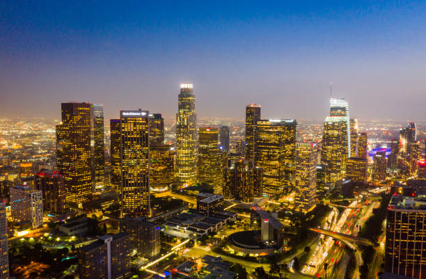 istock Aerial Downtown Los Angeles Skyline at Night 1042067796