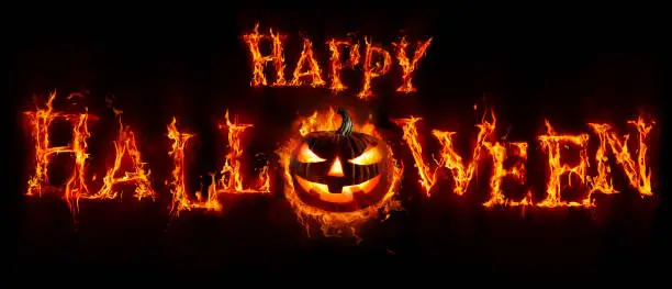 Happy Halloween With Fiery Pumpkin In The Text