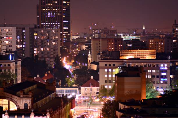 istock Night lights, city office building downtown, cityscape view 1042074014
