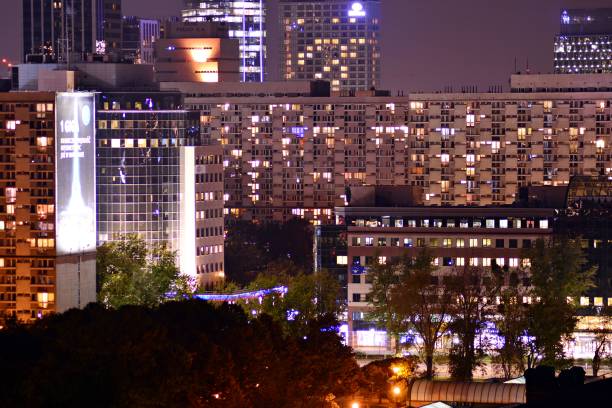 istock Night lights, city office building downtown, cityscape view 1042074278
