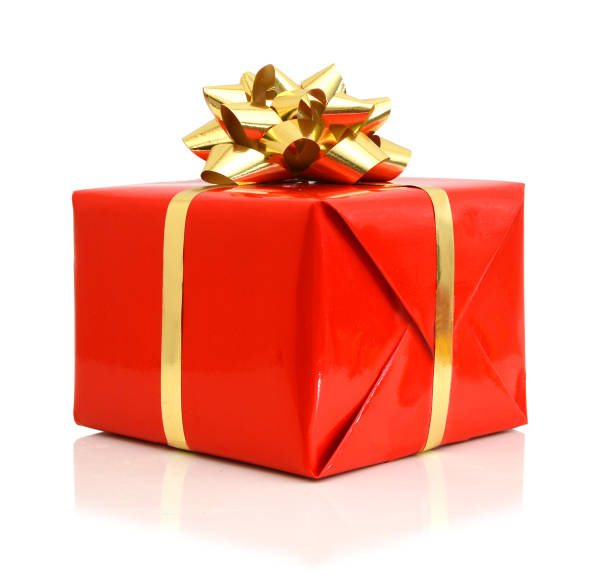 istock Red gift box with gold bow isolated on white 1042074754