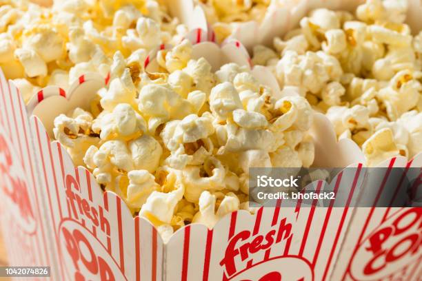 Classic Buttery Movie Theater Popcorn Stock Photo - Download Image Now - Popcorn, Box - Container, Bag