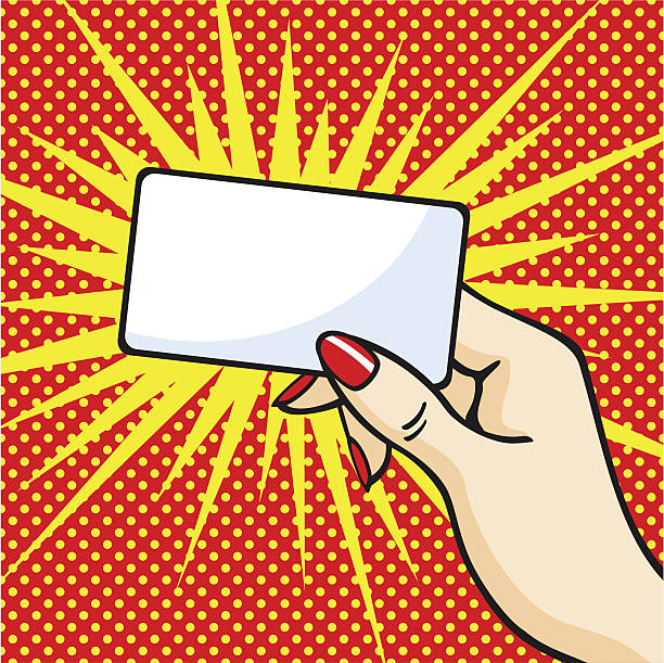 Graphic of hand holding card with sun burst Female hand with red manicure holding a card popart hand stock illustrations