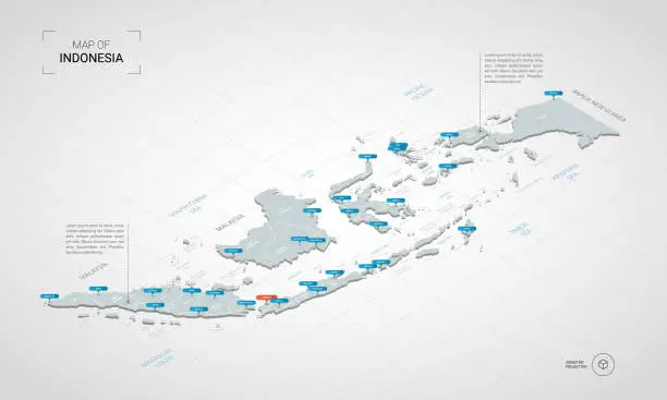 Vector illustration of Isometric Indonesia map with city names and administrative divisions.