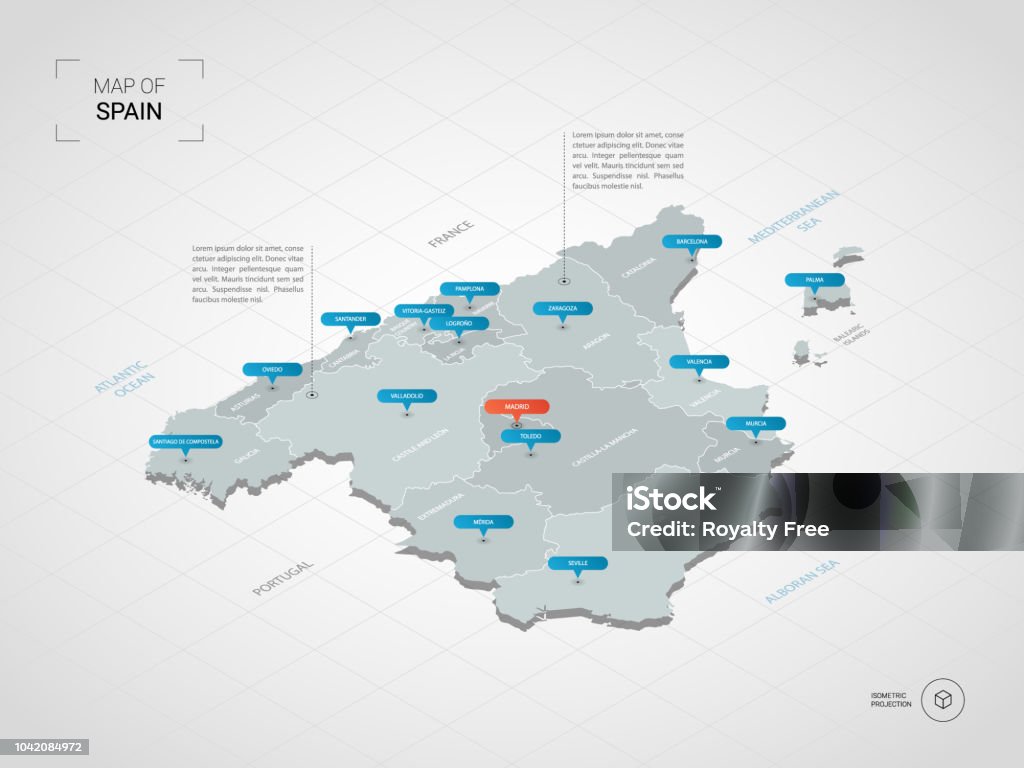 Spain Mapbasic Isometric Spain Map With City Names And Administrative Divisions Stock ...