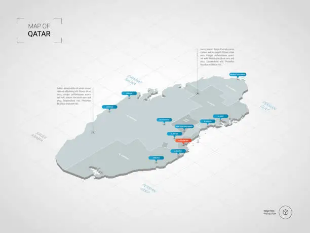 Vector illustration of Isometric Qatar map with city names and administrative divisions.