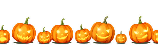 Horizontal seamless background with jack-o'-lanterns (Halloween pumpkins). Vector eps-10. Vector horizontal seamless background with jack-o'-lanterns (Halloween pumpkins). frieze stock illustrations