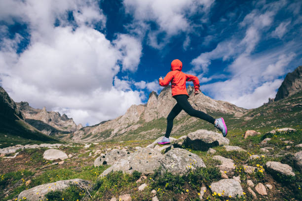 istock Woman trail runner running on beautiful mountains 1042100550