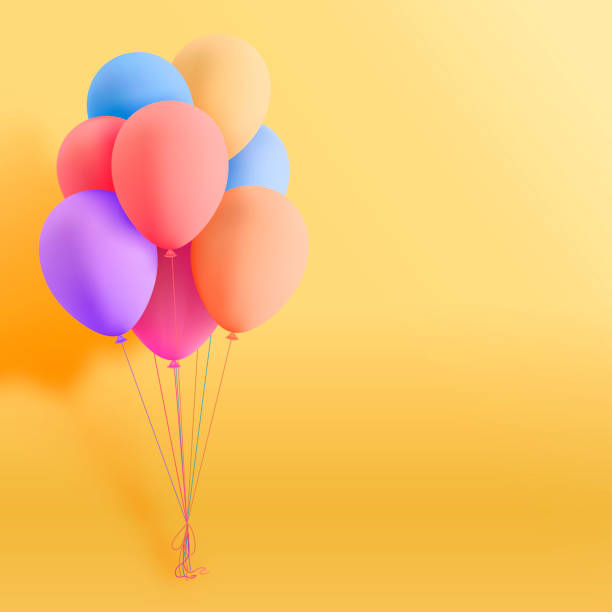 istock Set of colorful realistic mat helium balloons floating on yellow background. Vector 3D balloons for birthday, party, wedding or promotion banners or posters. Vivid illustration in pastel colors. 1042133766