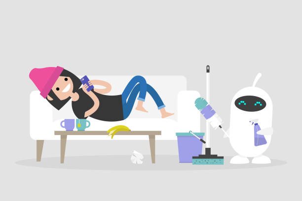 istock New technologies. Smart home. Cleaning the apartment. Cute white robot holding the cleaning tools: a feather duster and a cleaning spray / flat editable vector illustration, clip art 1042133872
