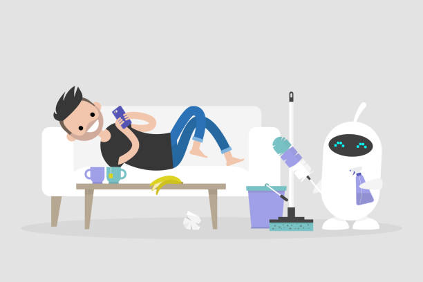 istock New technologies. Smart home. Cleaning the apartment. Cute white robot holding the cleaning tools: a feather duster and a cleaning spray / flat editable vector illustration, clip art 1042133878