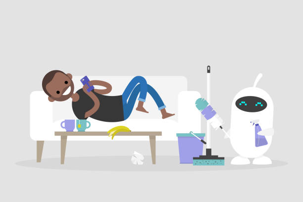 istock New technologies. Smart home. Cleaning the apartment. Cute white robot holding the cleaning tools: a feather duster and a cleaning spray / flat editable vector illustration, clip art 1042133880