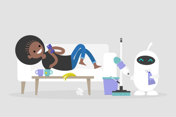 istock New technologies. Smart home. Cleaning the apartment. Cute white robot holding the cleaning tools: a feather duster and a cleaning spray / flat editable vector illustration, clip art 1042133884