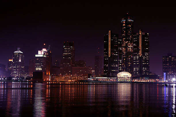 Detroit skyline at night stock photo