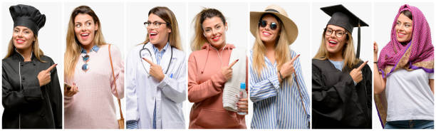 istock Cool woman, different professions pointing away side with finger 1042149998