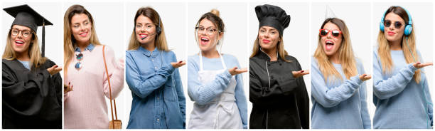 istock Cool woman, different professions holding something in empty hand 1042150012