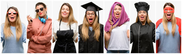 istock Cool woman, different professions happy and surprised cheering expressing wow gesture 1042150036